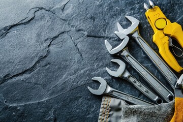 Set of tools and instruments on grey textured background with copy space