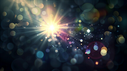 Wall Mural - abstract black background with bokeh effect from center and lens flare effect