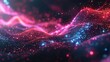 Pink and blue glowing particles form waves in a dark background.