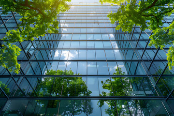 Wall Mural - Eco-friendly building in the modern city,Sustainable glass office building with trees for reducing heat and carbon dioxide,Office building with green environment,Corporate building reduce CO2