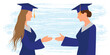 Two female graduates students shake hands on graduation event. Vector illustration