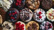 Produce a visually striking birds-eye view of assorted desserts like cookies and brownies, creating a mouth-watering tableau with intricate textures, mouthwatering toppings, and vibrant colors that po