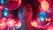 Vivid Neon Lights Accentuate The Striking Features Of A Woman With Radiant Curly Hair.