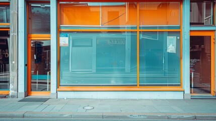 Wall Mural - A window of a building with a blue sign on it