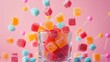 Colorful candy and Jello shot surreal fall, vast copy space, clean background, vivid