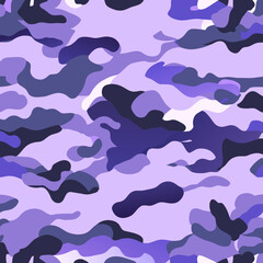 Camouflage seamless pattern. Classic clothing style masking camo repeat print. Purple, black and white colors vector illustration.