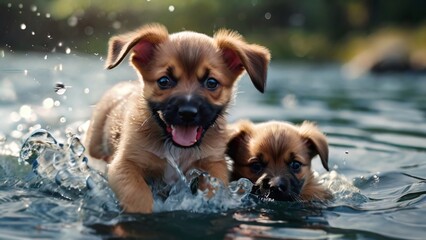 Wall Mural - A herd of puppies play in the water 4k wallpaper