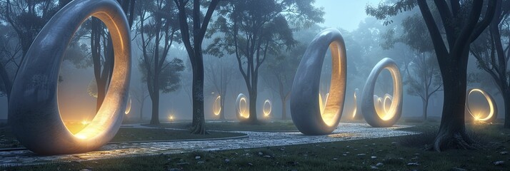 Wall Mural - Explore a tranquil park at night, where luminous forms illuminate a 3D-rendered minimalist sculpture garden.