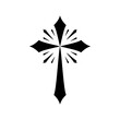 Black christian crucifix cross religion with light rays flat vector icon design