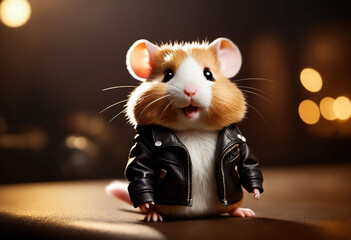 Poster - Stylish happy cartoon hamster in leather jacket