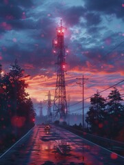 Poster - Minimalist 3D representation of wireless communication towers, twilight sky with soft, glowing elements.