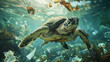 A sea turtle swims amidst a murky underwater landscape cluttered with plastic waste, casting a spotlight on the dire issue of ocean pollution.