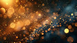 Abstract golden bokeh lights on a blue background, creating a glittering and festive atmosphere with a blurred, dreamy feel.