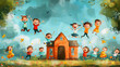 Illustration of joyful children with varying expressions playfully floating around a small brick house under a blue sky with sparse clouds.