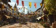 medieval village squaremaypole in vibrant colors and lively atmosphere