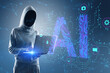 Hacker in hoodie using laptop with glowing blue AI hologram on blurry background. Artificial intelligence, technology and innovation concept.