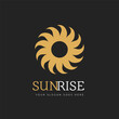Abstract Sun Logo. Gold Sunrise Icon with twirl Rays. Stock vector illustration isolated on dark background.
