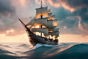 Wall Mural - ship in the sea at sunset