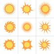 Sun icon set of 9, the source of light symbol. Sunlight, sunrise element. Shining sun icon in yellow color. Stock vector illustration isolated on white background.