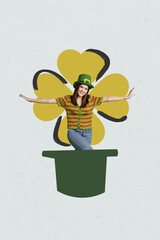 Poster - Vertical composite collage picture of positive mini girl inside big hat st patrick day isolated on creative background