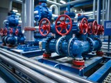 Fototapeta  - Close-up of red valves and blue pumps on industrial pipelines, conveying complexity of system.