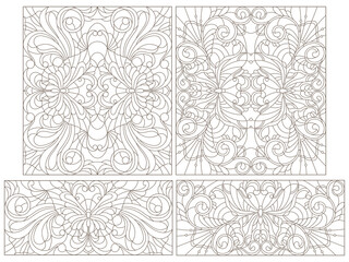 Wall Mural - Set of contour illustrations of stained glass Windows with butterflies and flowers, dark contours on a white background
