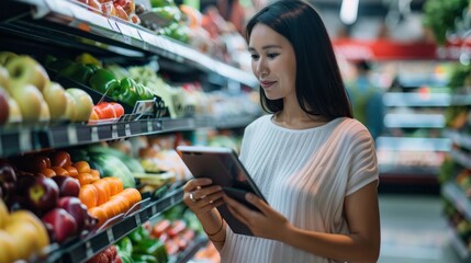 Wall Mural - A woman is shopping for fruits and vegetables in a grocery store