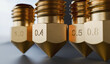 Many brass nozzles for 3D printer with different sizes. 3D rendered illustration.