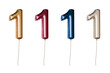 Number one shaped foil balloons in different colors. Isolated on transparent background.