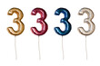 Number three shaped foil balloons in different colors. Isolated on transparent background.