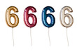 Number six shaped foil balloons in different colors. Isolated on transparent background.