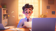 A happy 3d cartoon man using laptop siting at office desk