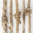 A series of jute ropes showing various stages of fraying against a white backdrop, symbolizing stress, deterioration, or wear and tear.