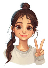 Wall Mural - cute smiling young woman showing peace sign on white background, girl, lady, teenager, gesture, illustration, drawing, hand, casual wear, portrait, logo, hair, tail, fashion, style, art