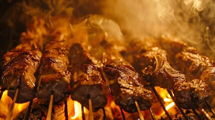 Closeup of a traditional churrasco grill its flames intensifying the smoky aroma of meats being cooked to juicy perfection. .