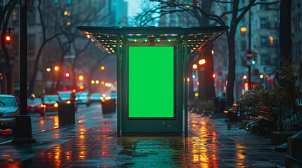 Bus stop in New York city with vertical digital OOH mockup with green screen.generative ai