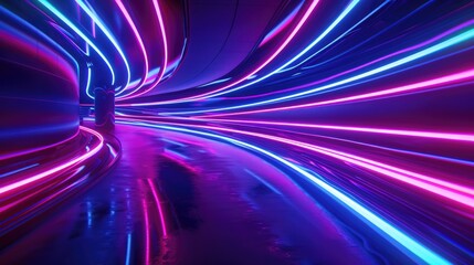 Wall Mural - Vibrant neon light trails in motion on a futuristic tunnel background.