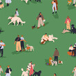 Seamless pattern, people walking with dogs in park. Endless repeating print design, cute puppies and pet owners strolling outdoors. Printable flat vector illustration for textile, fabric, wrapping
