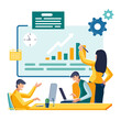 Work of employees in the office and team. People discuss of a business plan on a monitor, brainstorming a startup idea, creating a company vision, entrepreneur developing a mission.Vector illustration