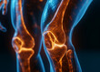 A detailed anatomical illustration of a knee and hand joint affected by osteoarthritis