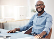 Smile, glasses and portrait of black man in office for corporate legal case with startup. Technology, happy and confident African male attorney working on law procedure for policy review in workplace