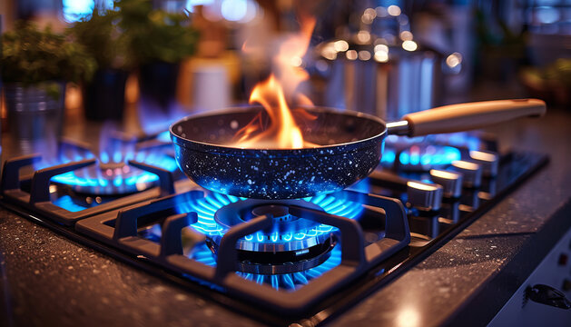 Black pan on gas stove, blue lighting, sleek countertops, modern decor, natural greenery outside, perfect for cooking or dining.generative ai