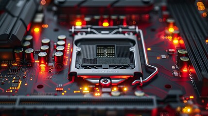 Focus on the power delivery area of a high-performance motherboard, capturing the dense array of VRMs and capacitors in extreme detail.