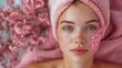 young caucasian woman with pink towel on head, beautiful background for beauty clinic, advertising, mockup with copy space.