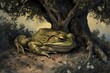 cartoon illustration, a frog is sleeping under a tree