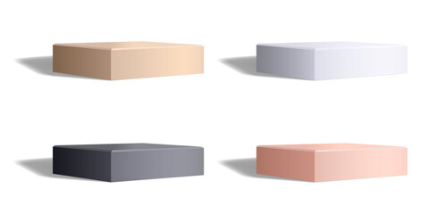 Empty cube or square podium of white, black, pink and beige colors isolated on white. Monochrome low studio platform with shadow in realistic 3D style. Blank vector template for product presentation.