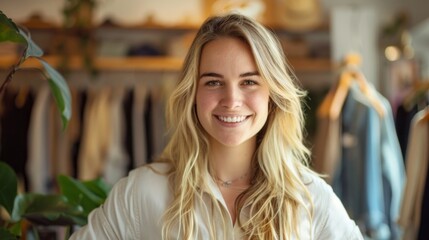 Wall Mural - A blonde woman is smiling in front of a rack of clothes