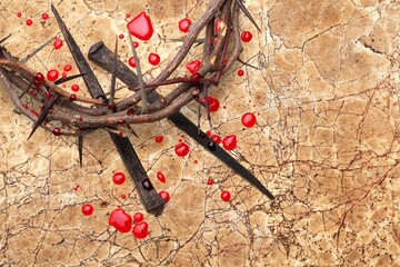 Canvas Print - Jesus Crown of Thorns and nails with cross on desk