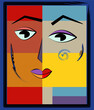 
A cubist style representation of a person's face occupies the center of the composition where geometric shapes in various colors form the facial features. The eye is detailed and expressive