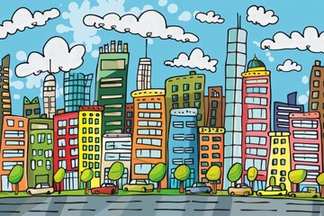 Wall Mural - Cartoon cute doodles of a city skyline with skyscrapers, apartment buildings, and a bustling street below, Generative AI